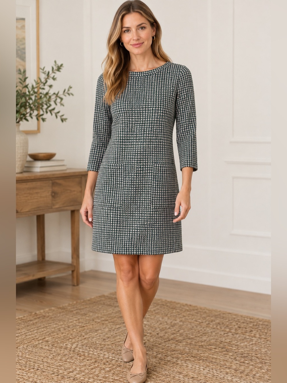 Boden Houndstooth Sheath Dress in dark green and soft pink Size 6P